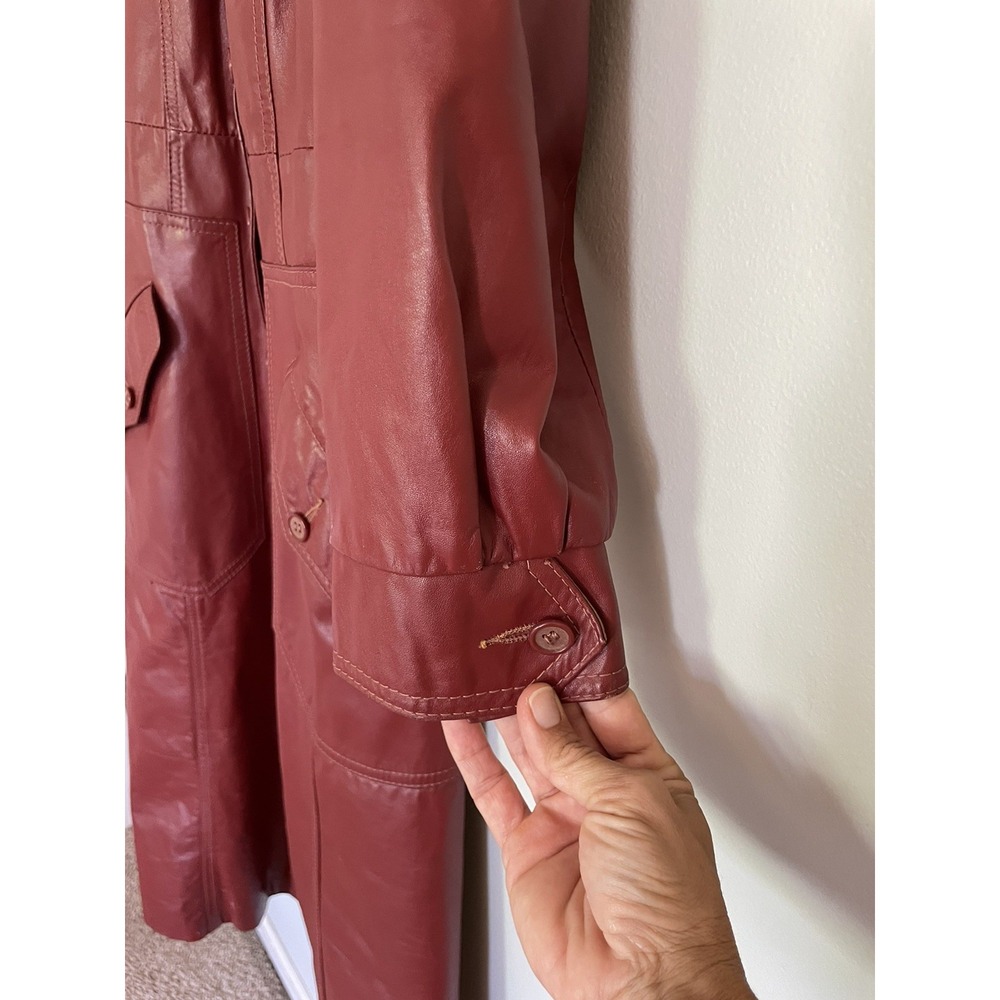 Vintage 70s Red Leather Trench Coat Maxi Long Duster Dagger Collar Uruguay S - Picture 7 of 16